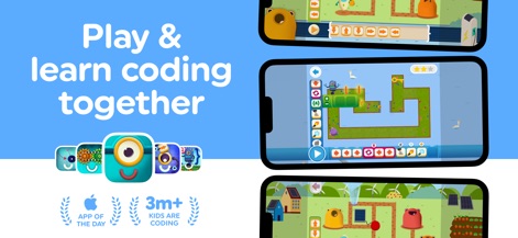 Code Land: Kids Coding Games - L'application permet aux enfants de découvrir le codage via des icônes d'applications variées et des interfaces de jeu ludiques avec du block coding.