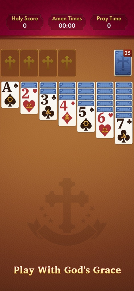 KJV Solitaire - Daily Bible - Questo screenshot mostra il gameplay di Solitario, dove le carte a tema con simboli sacri come le croci (X) elevano l'esperienza di gioco e il "Holy Score" (Y) traccia i progressi spirituali dell'utente.