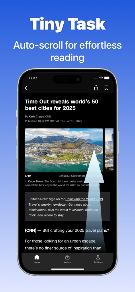 OP Auto Clicker: Automatic Tap - Users can enjoy effortless reading through the app's auto-scroll function, clearly indicated by the upward scroll arrow and the displayed webpage content.