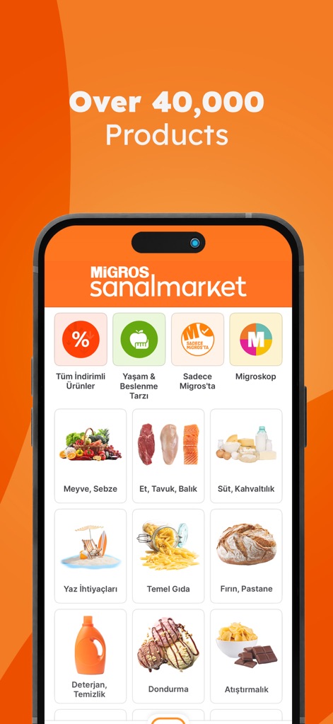 Migros: Food & Groceries - This tool provides a wide array of products via Migros Sanal Market, organizing items into clear categories such as "Meyve, Sebze" and "Et, Tavuk, Balık" for easy browsing.
