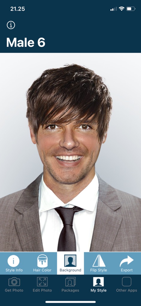 Hairstyle Try On - L'immagine raffigura un uomo con un taglio di capelli voluminoso e asimmetrico, dimostrando come gli utenti possano sperimentare diversi stili e lunghezze.