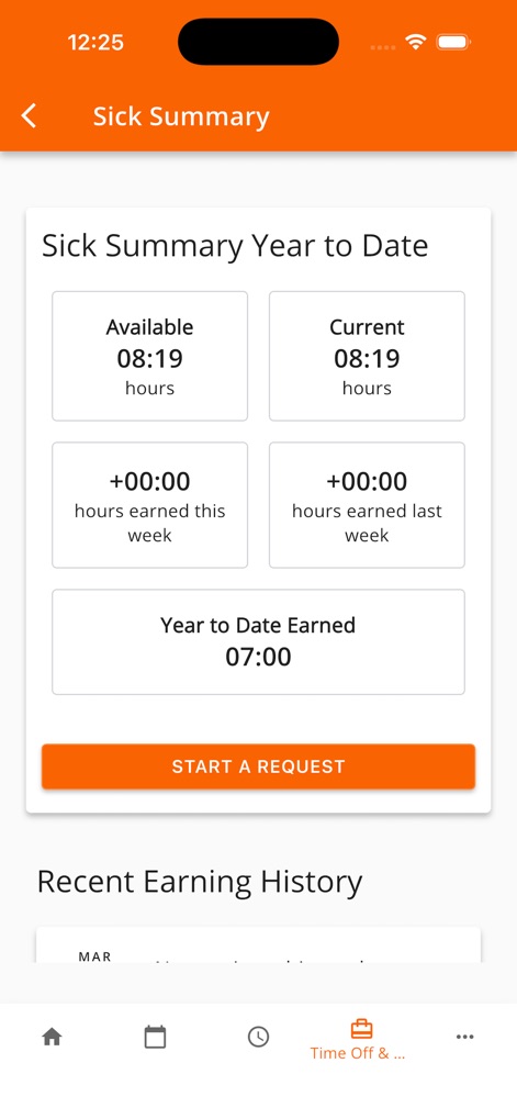 Workforce Tools - This screen provides a comprehensive 'Sick Summary', detailing 'Available' hours and displaying 'hours earned this week' for transparent tracking.