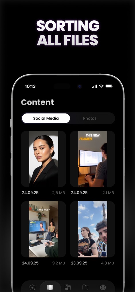 BlackHole Video Save - Nutzer können ihre gespeicherten Inhalte in einer aufgeräumten Galerieansicht betrachten, wo die Tabs "Social Media" und "Photos" eine einfache Kategorisierung ermöglichen, und jede Miniaturansicht relevante Details wie Datum und Dateigröße anzeigt.
