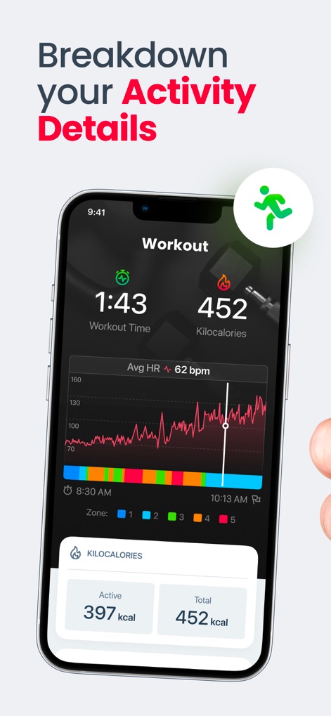 Heartify: Heart Health Monitor - Users can break down activity details, including workout time and kilocalories burned, along with a dynamic heart rate graph showing intensity zones.