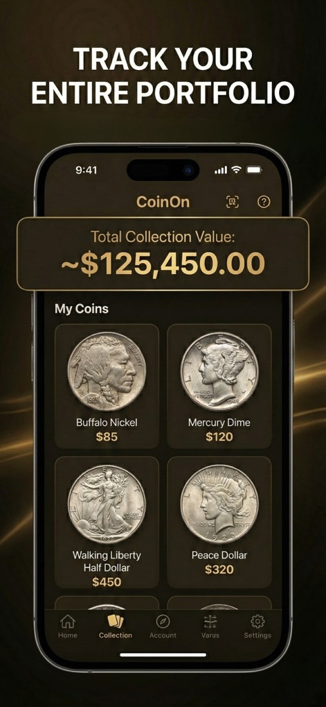 CoinOn - coin value identifier - Esta herramienta permite rastrear el valor total de la colección, presentando una suma de "~$125,450.00" y una visualización individual de monedas como el "Buffalo Nickel" y el "Mercury Dime".