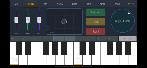 FL Studio Remote - Los usuarios pueden interactuar con un teclado MIDI virtual para componer melodías, ajustando dinámicamente parámetros con los faders de tono y modulación y el pad X/Y en la parte superior.