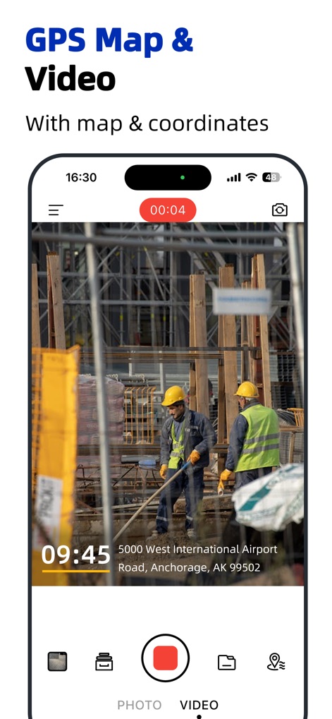 Timestamp Camera - Time & GPS - Capture video with embedded GPS data, showcasing both a running timer and a precise street address overlay.