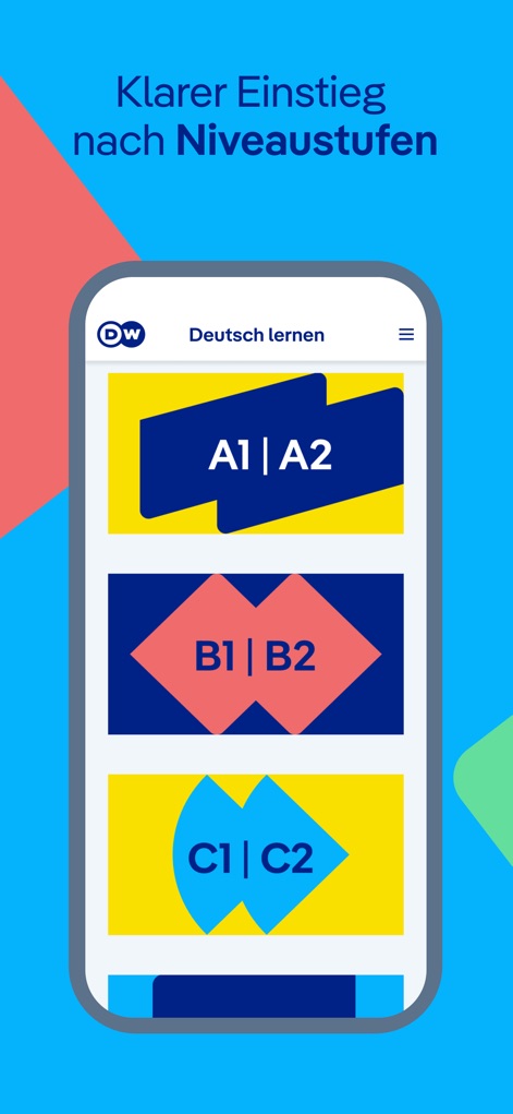 DW Learn German - The app clearly presents language proficiency levels, offering a structured path from beginner to advanced stages.