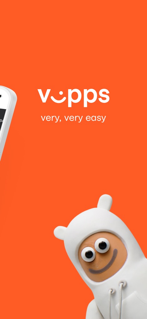 Vipps - This branding screen prominently features the recognizable Vipps logo and reinforces the app's core value proposition with the "very, very easy" tagline, emphasizing user convenience.
