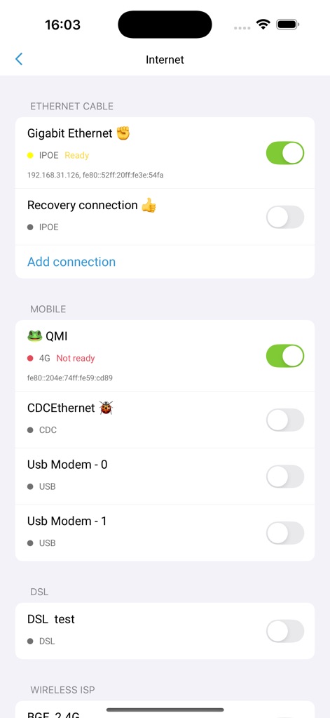 Netcraze - This view presents diverse internet connection settings, including 'Gigabit Ethernet' and 'Mobile QMI', allowing users to effortlessly manage and add new connections.