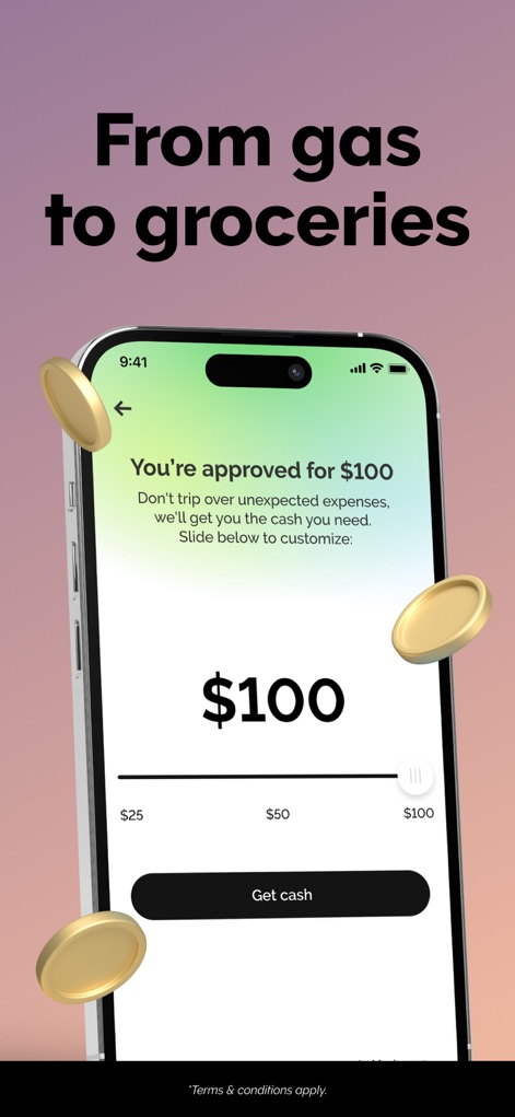 Grant Cash Advance - The app empowers users to customize their cash advance amount through an intuitive slider interface and quickly confirm their request via the prominent "Get cash" button.