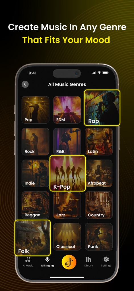 AI Song Generator - Jukebox - La aplicación presenta una extensa biblioteca de géneros musicales para explorar, permitiendo a los usuarios elegir entre opciones populares como "K-Pop" o "Folk" para inspirar sus creaciones.