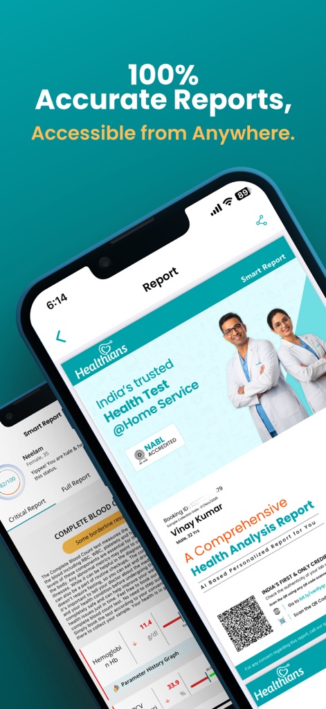 Healthians - Full Body Checkup - Access detailed health analysis reports, featuring an 'AI-Based Personalized Report' and clear 'NABL Accredited' lab verification.