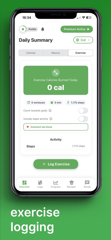 ChowTracker - Los usuarios pueden monitorear su actividad física, con una clara visualización de las 'Exercise Calories Burned Today' y una opción para 'Connect services' para sincronizar datos externos.