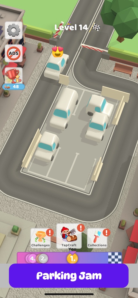 Parking Jam 3D - Le 'Niveau 14' met en lumière votre progression, avec un parking plus dynamique et moins de véhicules, exigeant des stratégies affûtées.