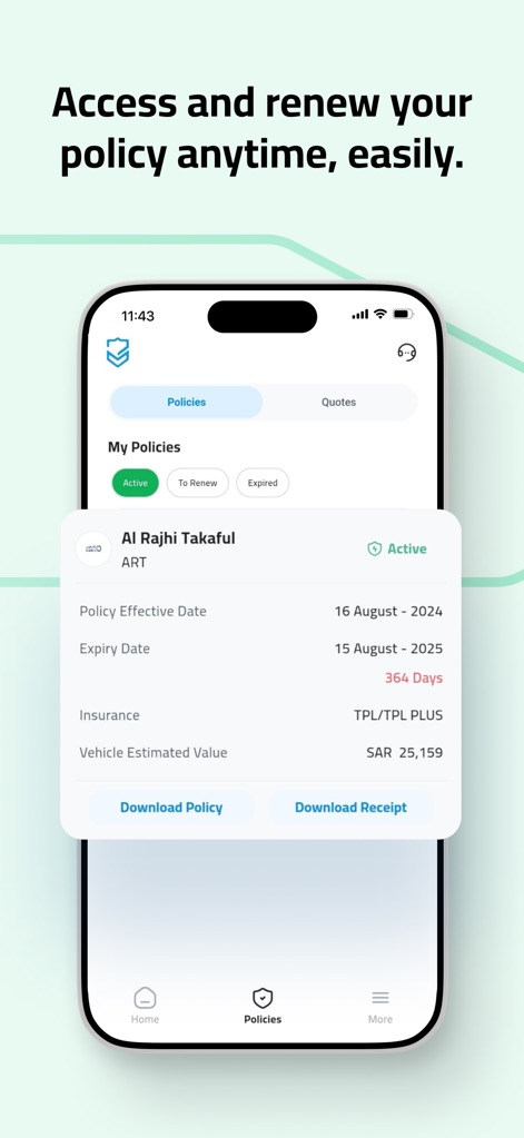 Tameeni | تأميني - The 'My Policies' section allows users to track active policies, view renewal dates, and easily download their policy documents or receipts whenever needed.