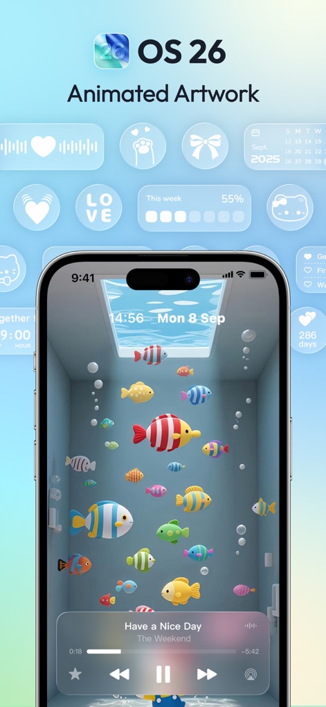 Mico - Widget & Live Wallpaper - Experience the vibrant OS 26 Animated Artwork, where playful fish swim across the screen and interactive elements respond to music playback.