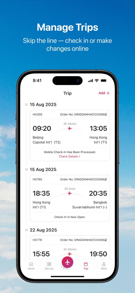 Hong Kong Airlines - Users can efficiently manage their upcoming journeys, viewing detailed flight segments and monitoring "Check-in" progress within the dedicated Trip section.