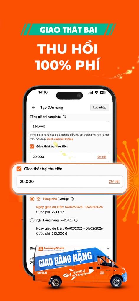 GHN - Giao Hàng Nhanh - Esta captura resalta la política de recuperación de costos por entregas fallidas, mostrando la opción de cobro de tarifa en entregas rechazadas y la transparencia en los costos de envío por peso.