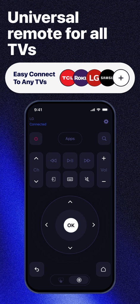 The Remote Control for TV: хТV - The app offers universal compatibility with popular brands like TCL and Samsung, providing comprehensive remote controls including power and channel management in a single interface.