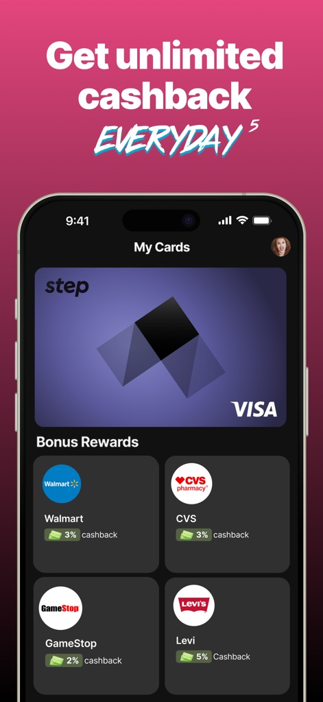 Step: All-In-One Money App - The app highlights the exclusive Step Visa card and showcases bonus rewards, including specific cashback percentages from popular merchants.