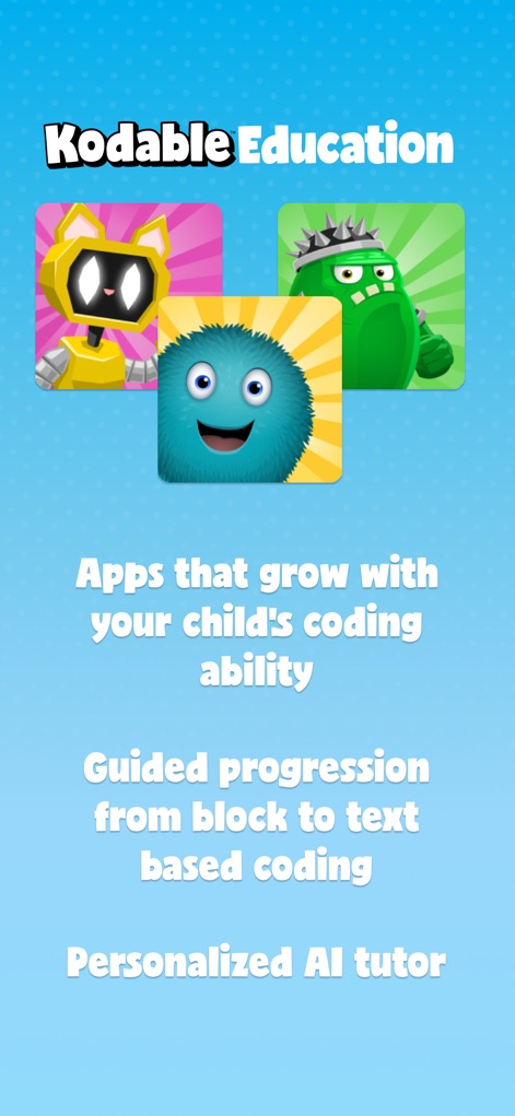 Kodable Basics - L'écosystème Kodable Education propose une progression du codage par blocs au textuel, complétée par l'assistance d'un tuteur IA personnalisé pour une croissance continue.