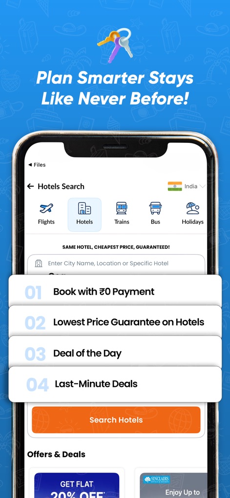 EaseMyTrip Flight, Hotel, Bus - Review the hotel booking features, which prominently display user advantages such as "Book with ₹0 Payment" and a "Lowest Price Guarantee on Hotels" to ensure value.