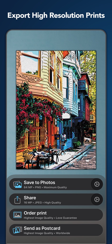 Clip2Comic: Toon Photo Editor - L'application permet une exportation haute résolution de vos créations et offre des options d'impression et de partage intégrées pour donner vie à vos œuvres.