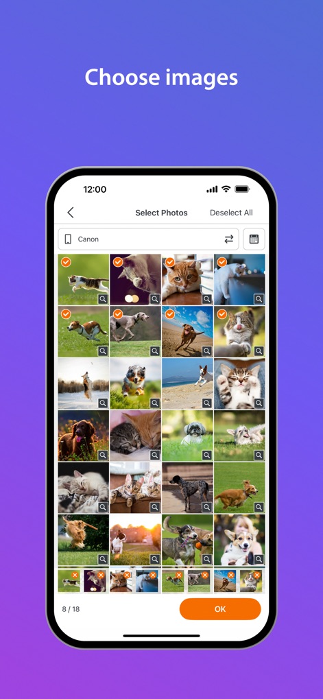 SELPHY Photo Layout - Observe how the app facilitates effortless image management, presenting a clear grid layout for photo selection and intuitive checkmark indicators for chosen photos.