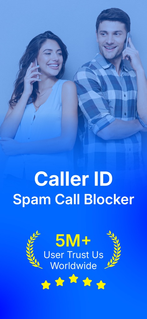 Caller ID - Spam Call Blocker - This initial screen highlights the app's established credibility, showcasing the "5M+ User Trust Us Worldwide" badge and prominent application branding.