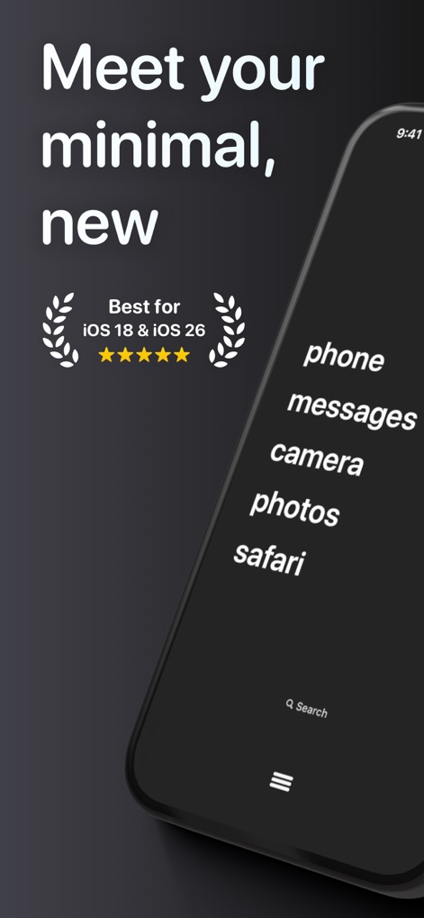 Dumb Phone (dp) - The app transforms the iPhone interface, replacing colorful icons with a streamlined list of essential apps and a clean search bar.
