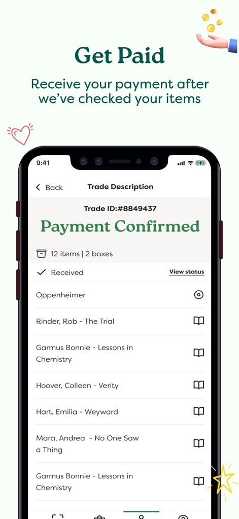 Sell books with World of Books - The 'Trade Description' screen confirms 'Payment Confirmed' and displays a detailed list of all 'Received' items for user peace of mind.