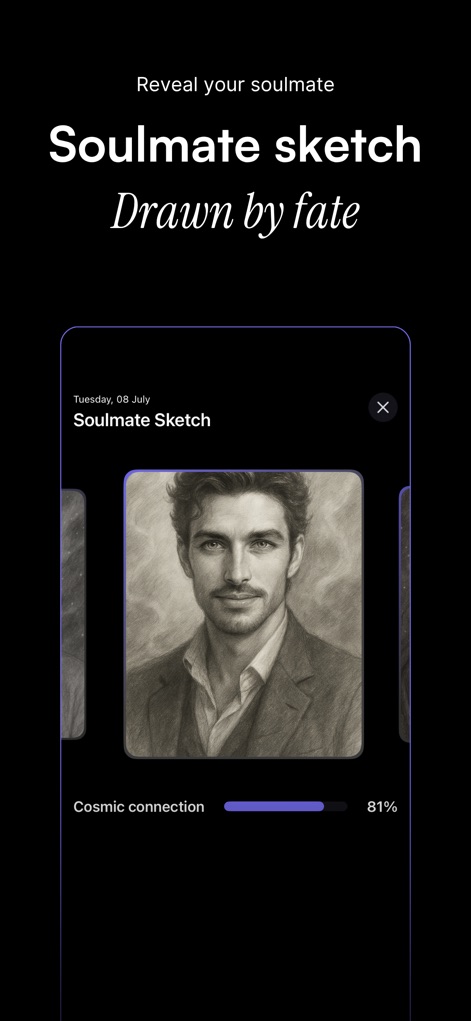 Orion – Horoscope & Tarot - Aquí se observa la función de 'Soulmate sketch', revelando el retrato detallado del alma gemela generado por la aplicación, acompañado de la barra de porcentaje de conexión cósmica para una visión inmediata de la afinidad.