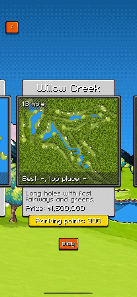 Pixel Pro Golf - Les utilisateurs peuvent choisir leur prochain défi en consultant des cartes de parcours détaillées comme "Willow Creek" et en vérifiant les informations sur les récompenses et les points de classement associés.