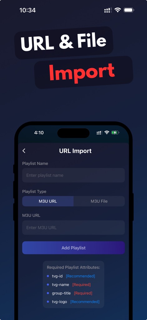 Smarters IPTV Pro: Player - Il processo di integrazione delle playlist è reso efficiente dal form dettagliato per l'importazione di URL M3U o file locali, con la trasparenza degli attributi richiesti per la playlist che guida l'utente alla configurazione corretta.