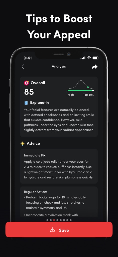 Umax AI: Face Scan & Rate face - Users gain access to tailored 'Advice' that includes actionable 'Immediate Fix' suggestions to enhance their overall facial appeal and confidence.