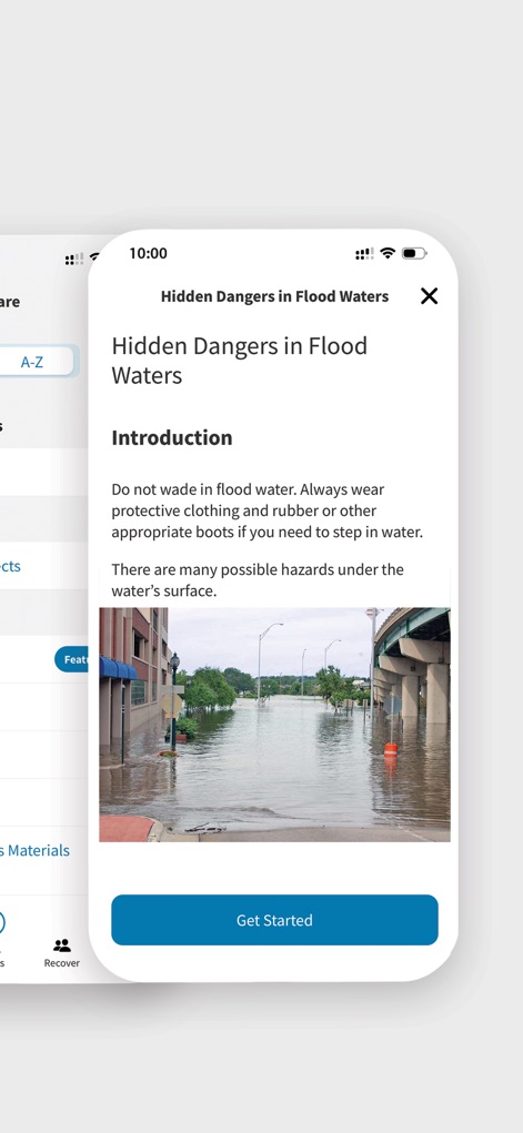 FEMA - Users can access vital articles like "Hidden Dangers in Flood Waters", featuring clear introductory text and relevant visuals for enhanced understanding.