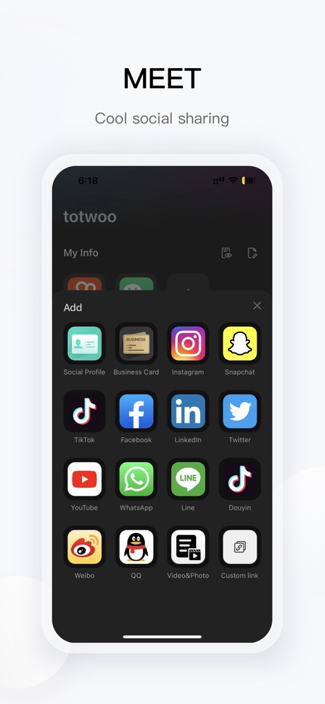 totwoo - This feature demonstrates how the app extends digital reach, enabling users to manage their "My info" and seamlessly integrate with various popular social media platforms.