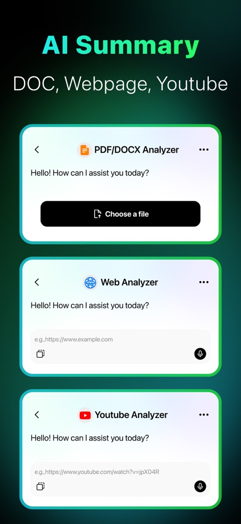 AI Chatbot & Design Assistant - As opções de "PDF/DOCX Analyzer" e "Youtube Analyzer" destacam a capacidade do aplicativo de resumir diversos tipos de conteúdo, oferecendo uma forma eficiente de extrair informações importantes.