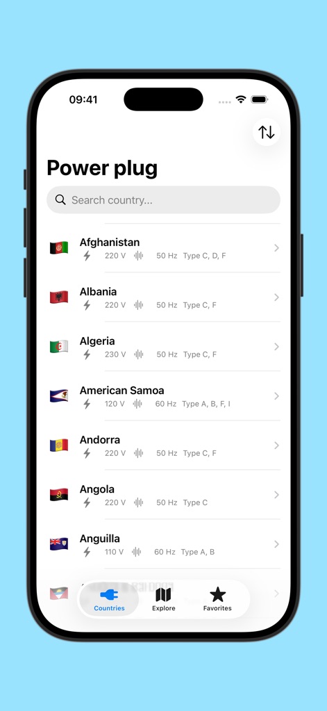 Power plug - L'application offre une liste exhaustive des pays, affichant instantanément la tension et la fréquence de chaque destination, facilitant la recherche rapide.