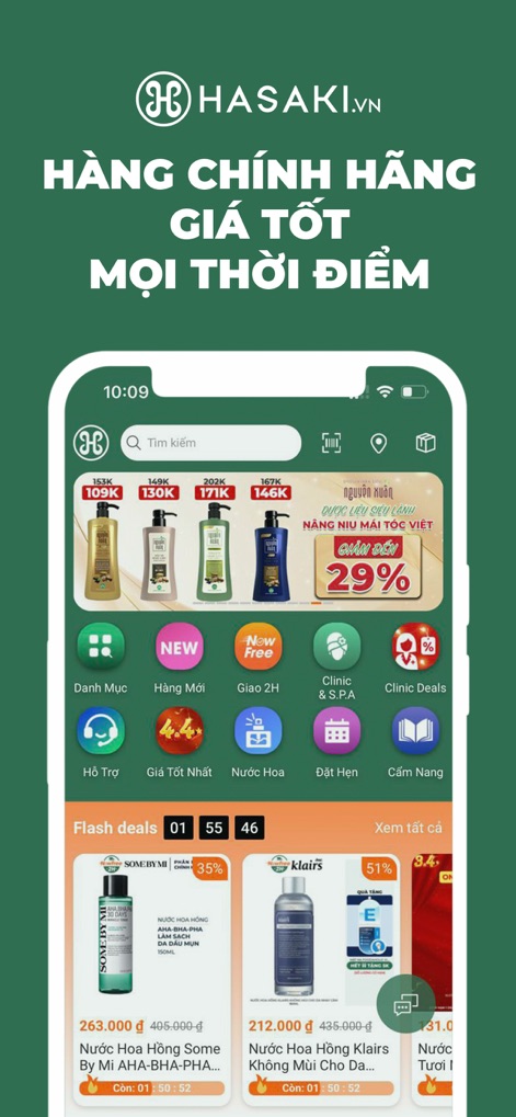 Hasaki.vn - The app's home screen offers diverse category navigation icons for easy exploration and showcases prominent Flash Deals with real-time countdowns.