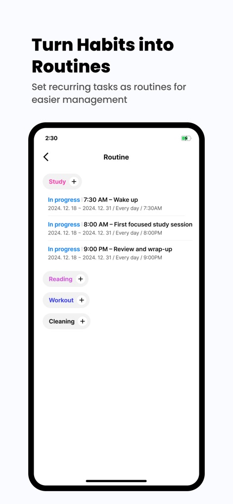 todo mate: tasks & routines - Transformez vos habitudes en routines gérables, avec des activités récurrentes et des cycles entièrement personnalisables selon vos besoins.