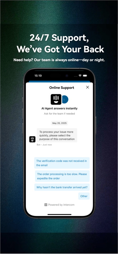 CardBase X: Sell Gift Cards - Discover the app's commitment to user assistance through its responsive AI agent responses and convenient pre-defined query buttons for quick problem resolution.