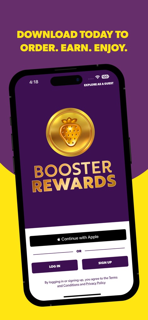 Booster Rewards - See how the app streamlines user access with prominent 'Sign Up' and 'Log In' buttons, alongside convenient third-party sign-in options.