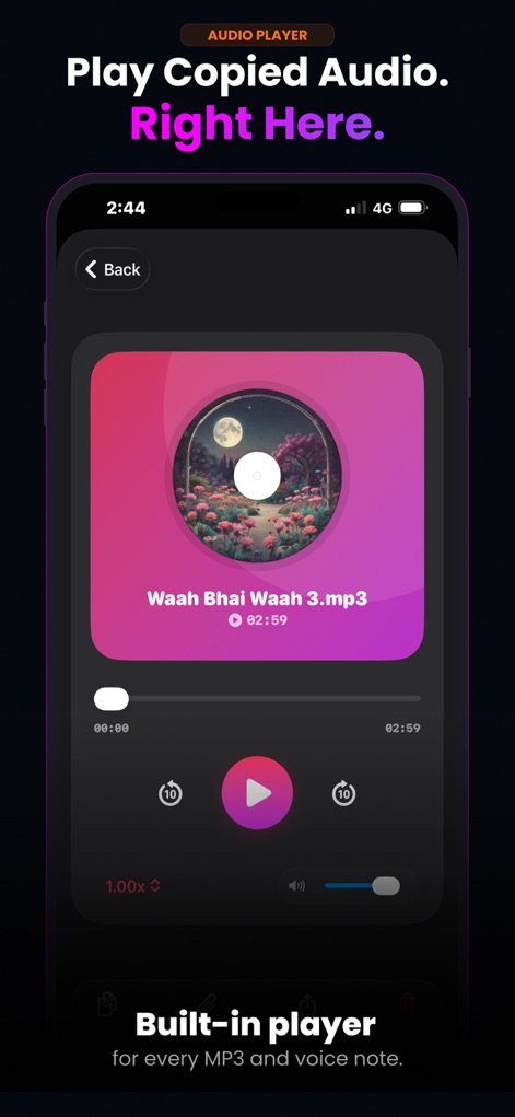 ClipBox – Copy & Paste Manager - This screen highlights ClipBox Pro's multimedia capabilities, showcasing an "in-app audio player" that allows users to listen to "copied audio files" directly within the application.