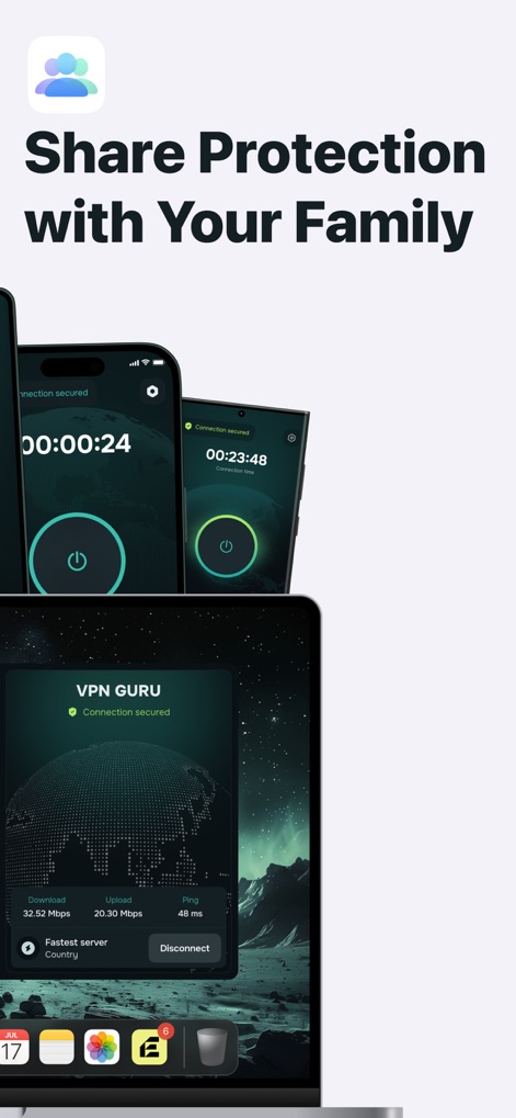 Guru VPN: Super Fast Unlimited - The app enables users to easily extend "Share Protection with Your Family" by illustrating simultaneous active VPN connections across various devices, complete with real-time download/upload speed and connection time metrics.