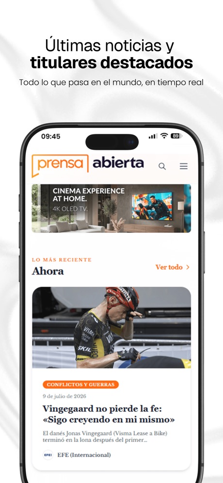 Prensa Abierta App Store screenshot 2, headline “Últimas noticias y titulares destacados”. Quotation marks.