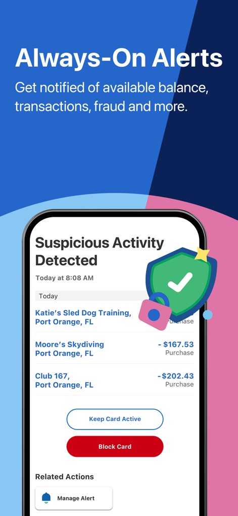 Fifth Third: 53 Mobile Banking - Users receive timely alerts such as 'Suspicious Activity Detected', offering quick responses like 'Keep Card Active' or 'Block Card'.