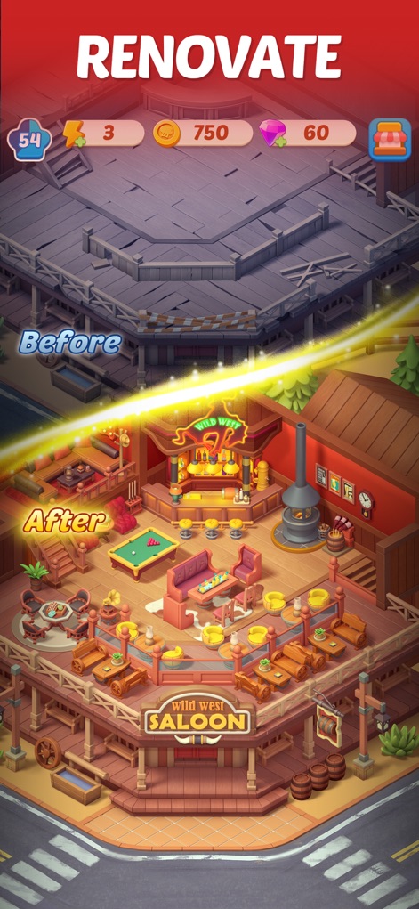 Merge Cooking® - Die App zeigt eine beeindruckende "Vorher-Nachher"-Ansicht einer Restaurantrenovierung, die ein heruntergekommenes Gebäude in einen lebendigen, detailliert gestalteten "Wild West Saloon" verwandelt.