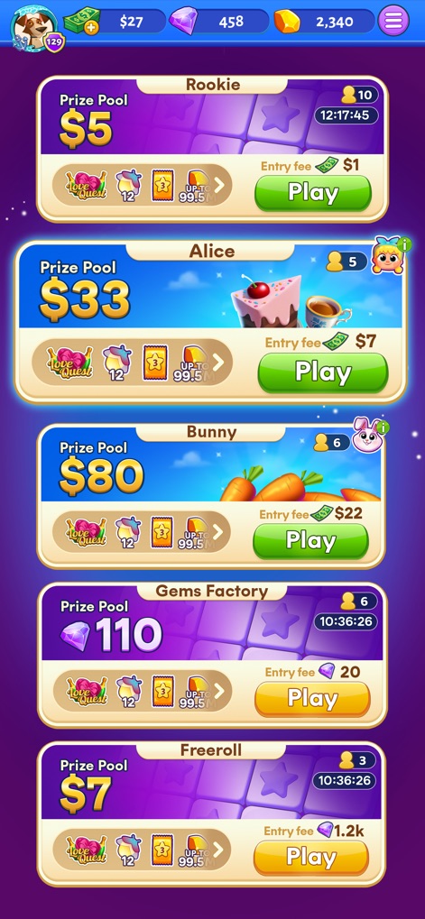 Bingo Cash - Browse the diverse range of tournaments available, each clearly displaying its 'Prize Pool' and respective 'Entry fee' for quick comparison.